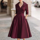 Women's Evening Midi Dress Shawl Collar Elbow Sleeve – Wedding Guest