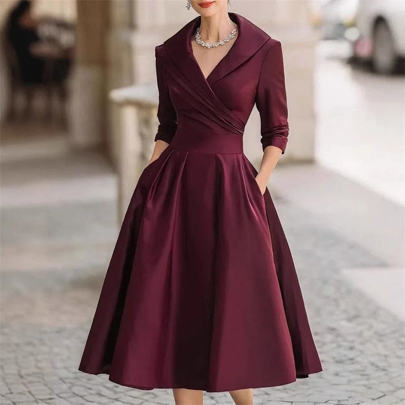 Women's Evening Midi Dress Shawl Collar Elbow Sleeve – Wedding Guest