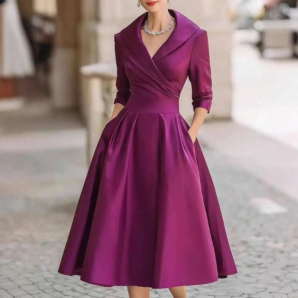 Women's Evening Midi Dress Shawl Collar Elbow Sleeve – Wedding Guest