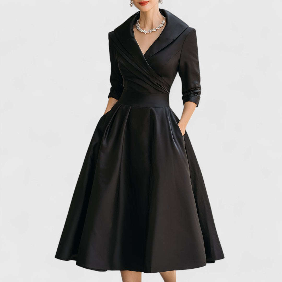 Women's Evening Midi Dress Shawl Collar Elbow Sleeve – Wedding Guest