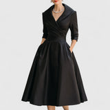 Women's Evening Midi Dress Shawl Collar Elbow Sleeve – Wedding Guest