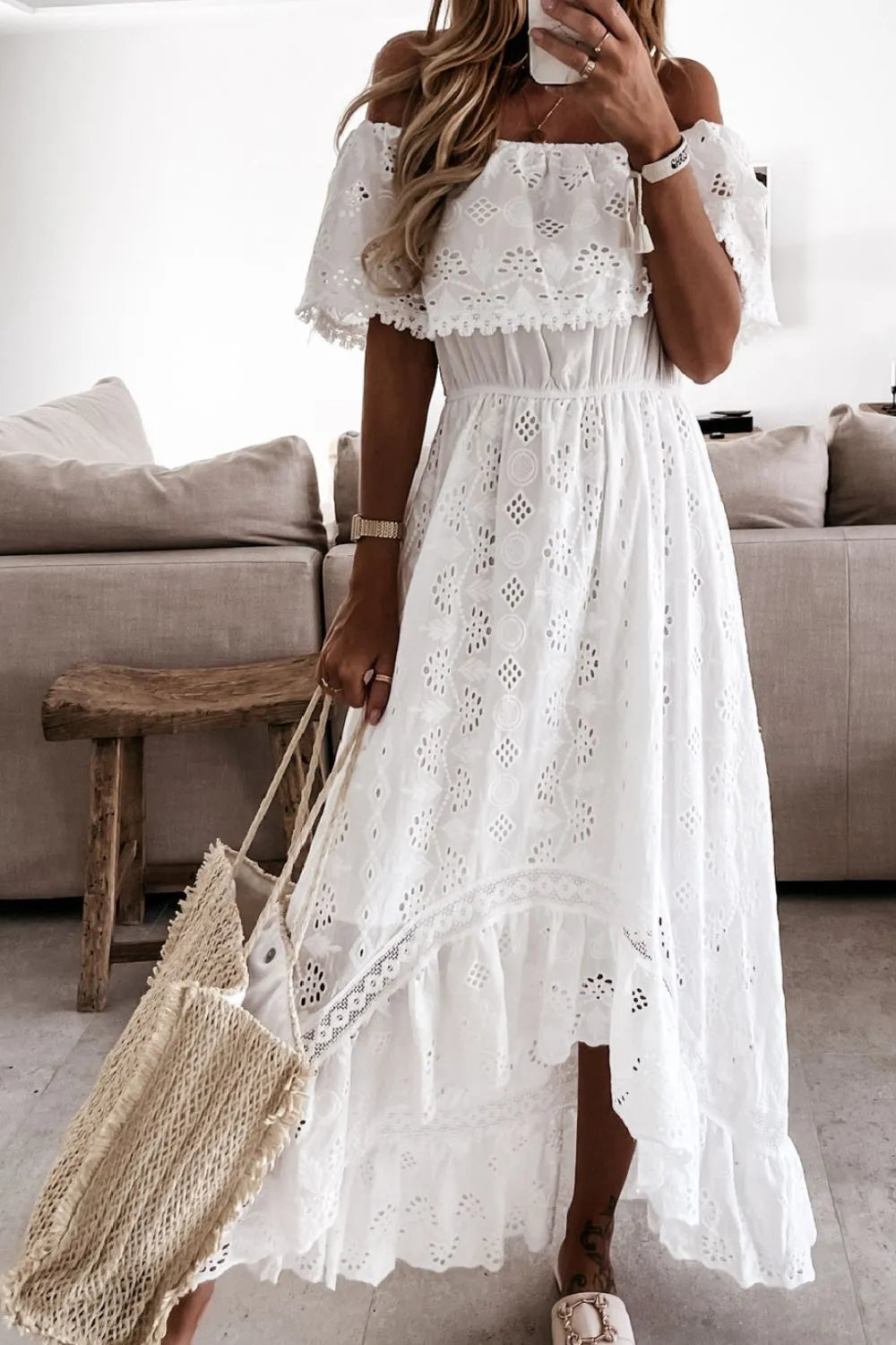 Women's Eyelet Maxi Dress Off Shoulder Tiered – Garden Party