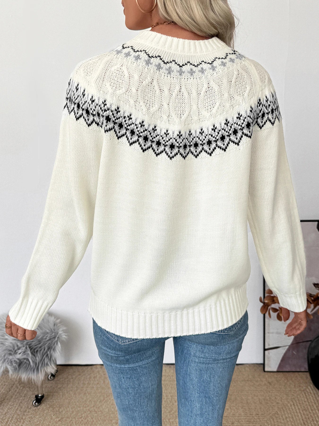 Women's Fair Isle Knit Sweater Crew Neck Long Sleeve – Warm Casual Wear