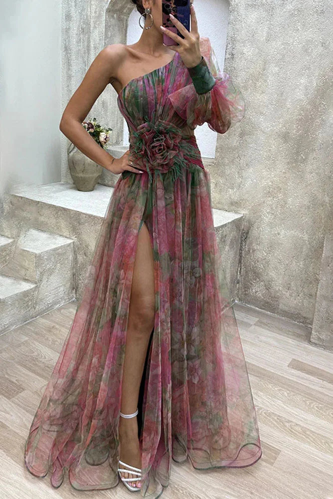 Women's Fall Wedding Guest Dress Floral One Shoulder Maxi – Garden Party