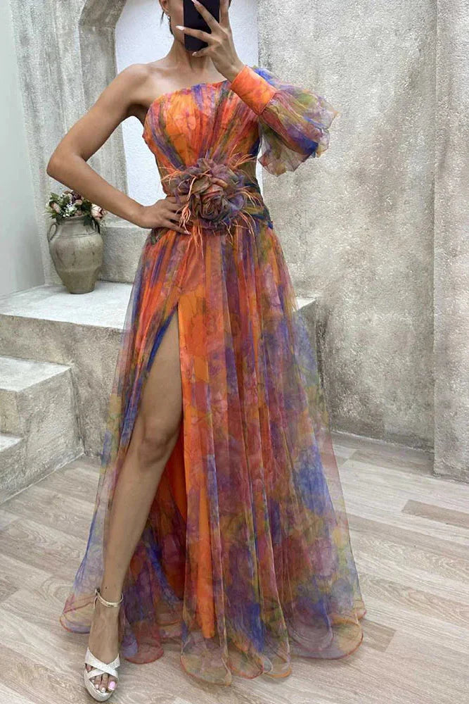 Women's Fall Wedding Guest Dress Floral One Shoulder Maxi – Garden Party