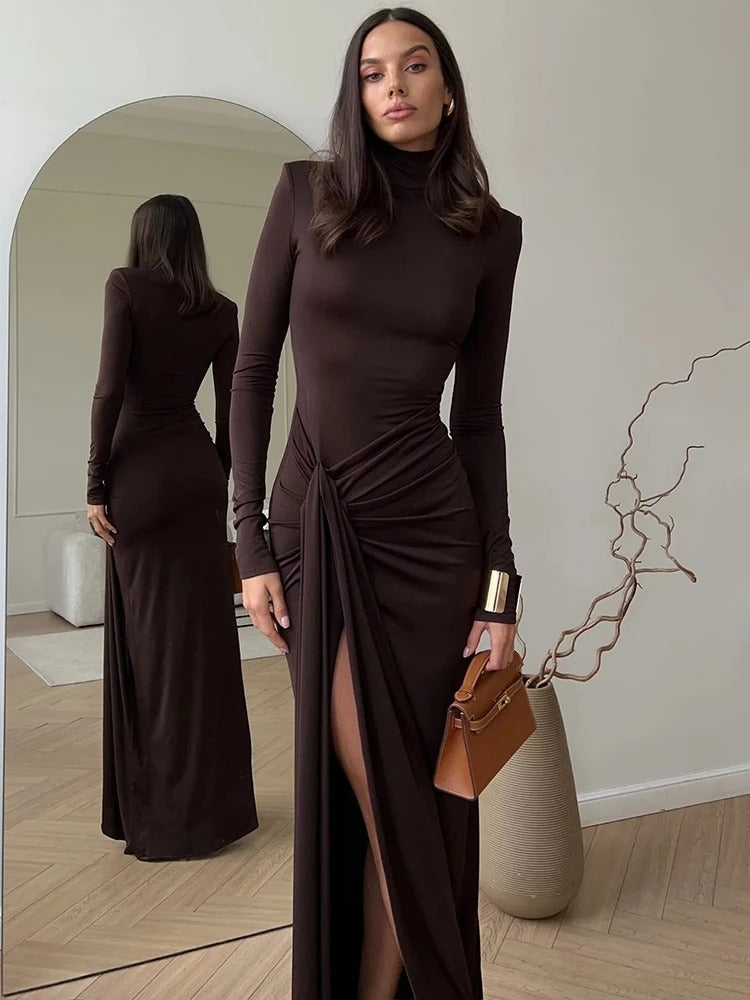 Women's Fall Wedding Guest Dress High Neck Long Sleeve Draped Front – Cocktail Party