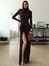 Women's Fall Wedding Guest Dress High Neck Long Sleeve Draped Front – Cocktail Party