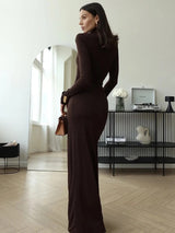 Women's Fall Wedding Guest Dress High Neck Long Sleeve Draped Front – Cocktail Party
