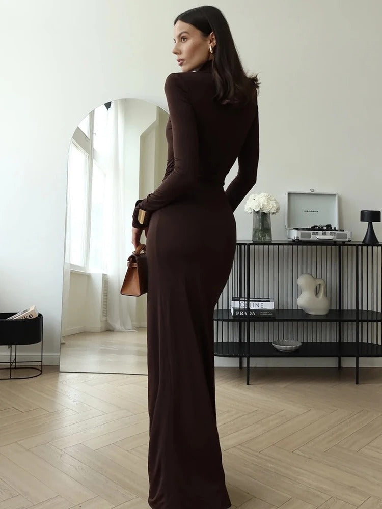 Women's Fall Wedding Guest Dress High Neck Long Sleeve Draped Front – Cocktail Party