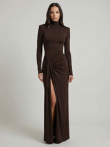Women's Fall Wedding Guest Dress High Neck Long Sleeve Draped Front – Cocktail Party
