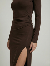Women's Fall Wedding Guest Dress High Neck Long Sleeve Draped Front – Cocktail Party
