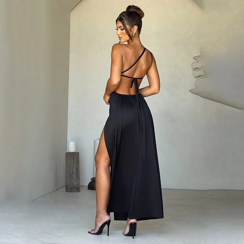 Women's Fall Wedding Guest Dress One Shoulder Maxi High Slit – Formal Reception