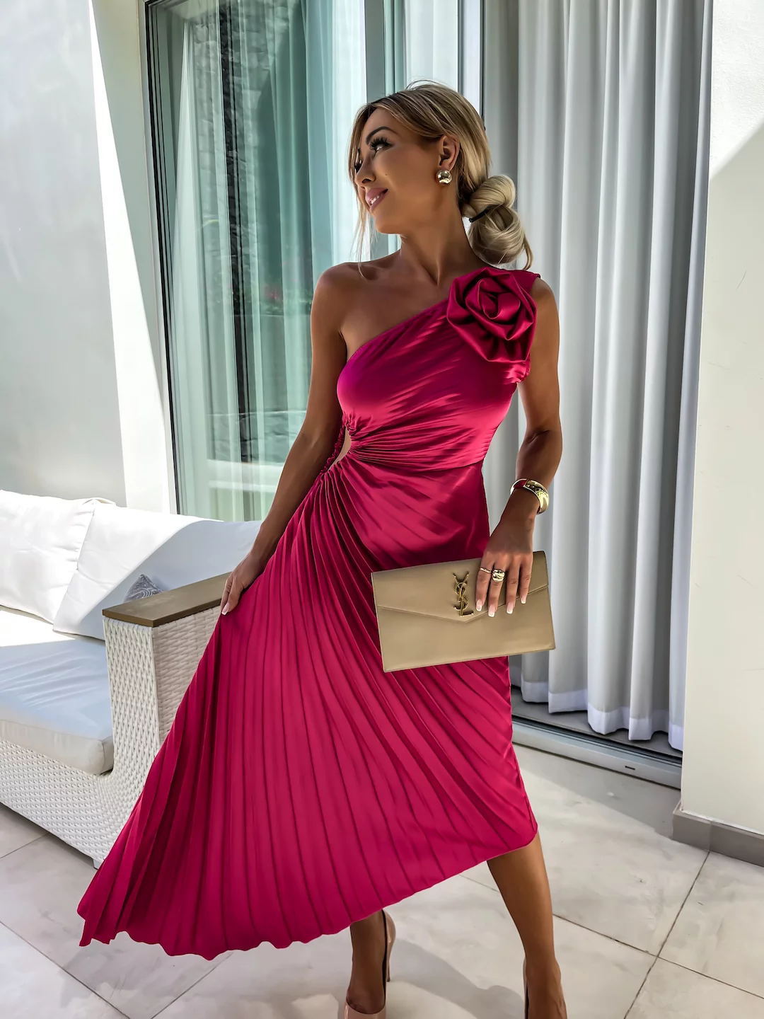 Women's Fall Wedding Guest Dress One Shoulder Pleated Midi – Resort Reception