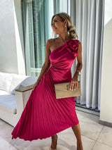 Women's Fall Wedding Guest Dress One Shoulder Pleated Midi – Resort Reception