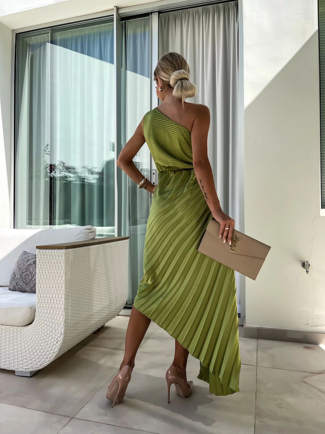 Women's Fall Wedding Guest Dress One Shoulder Pleated Midi – Resort Reception