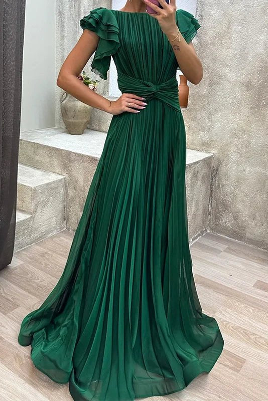 Women's Fall Wedding Guest Dress Pleated Maxi Ruffle Sleeve – Garden Party