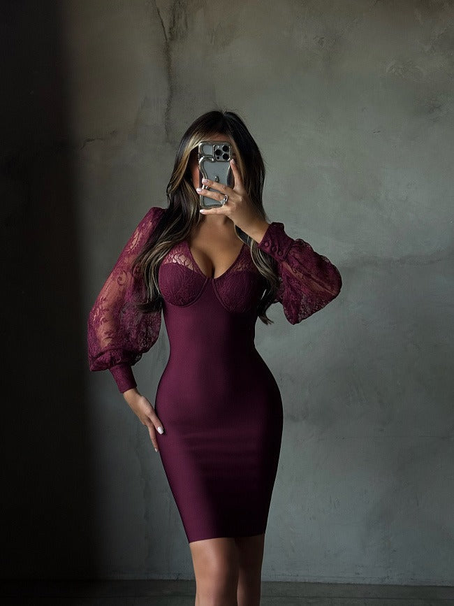 Women's Fall Wedding Guest Dress V Neck Sheer Sleeve – Formal Reception