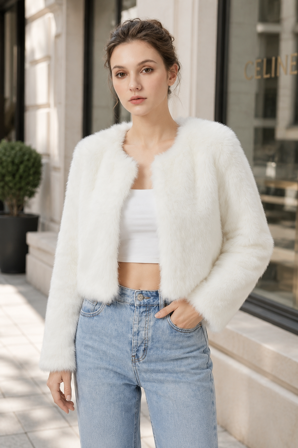 Women’s Faux Fur Jacket Long Sleeve Open Front – Winter Socials