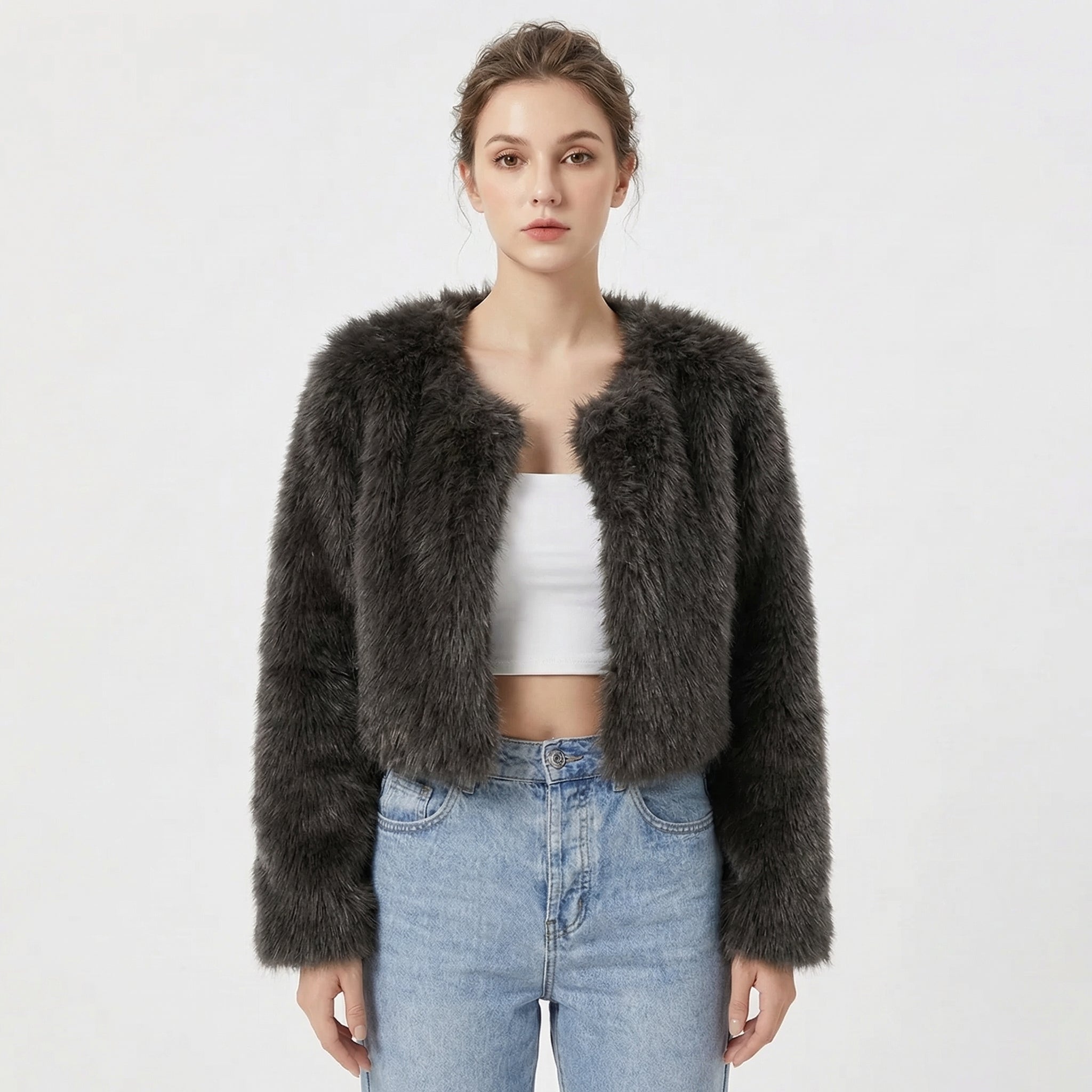 Women’s Faux Fur Jacket Long Sleeve Open Front – Winter Socials