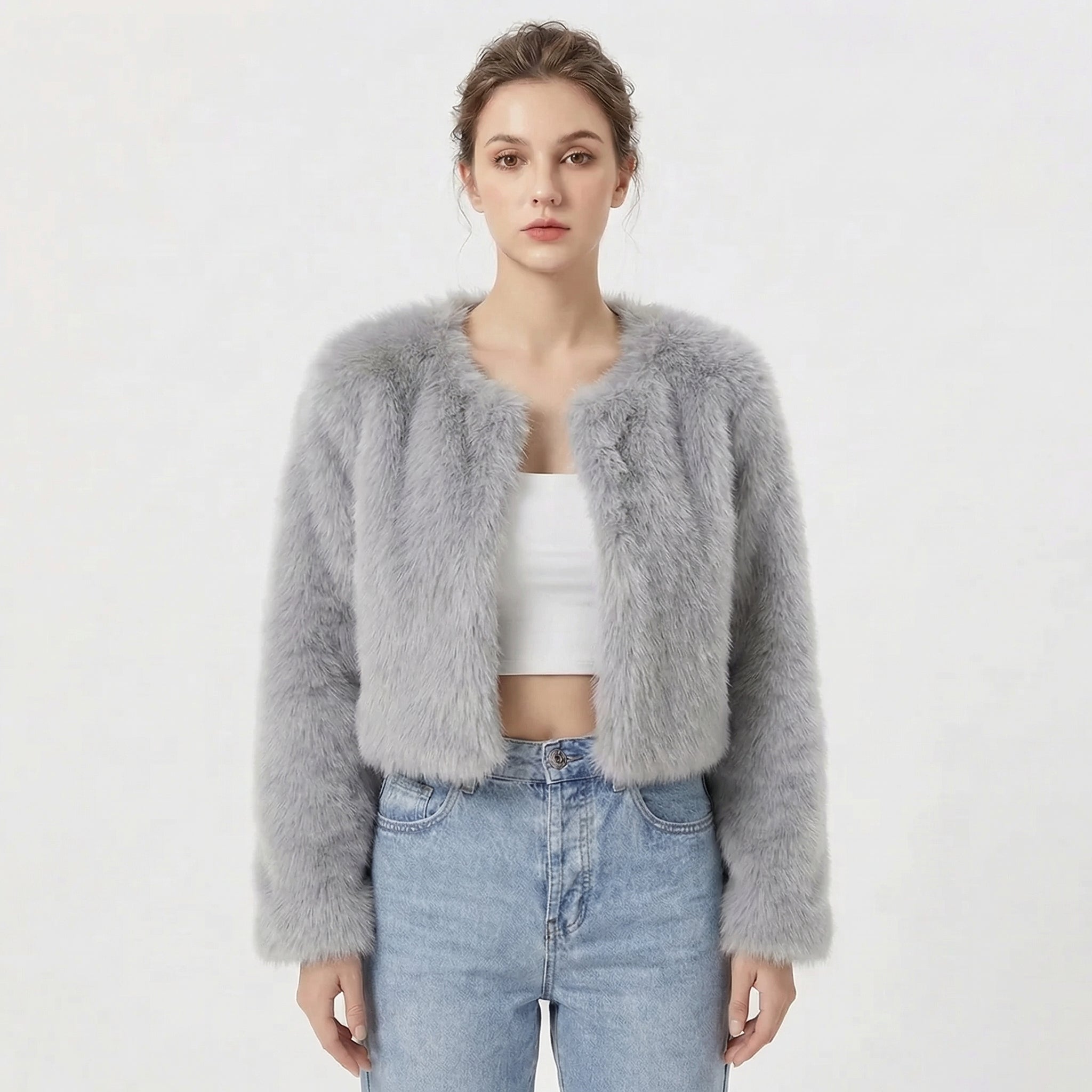 Women’s Faux Fur Jacket Long Sleeve Open Front – Winter Socials