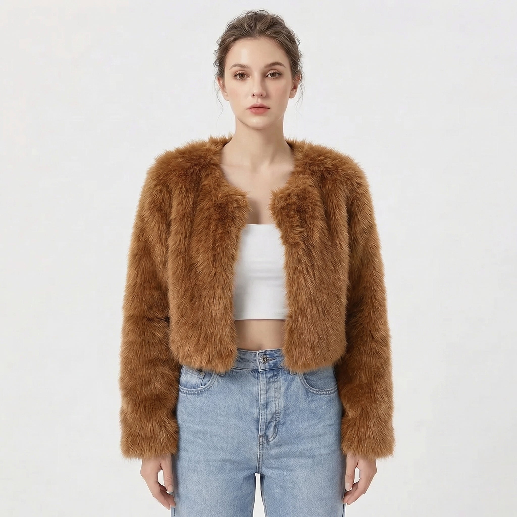 Women’s Faux Fur Jacket Long Sleeve Open Front – Winter Socials