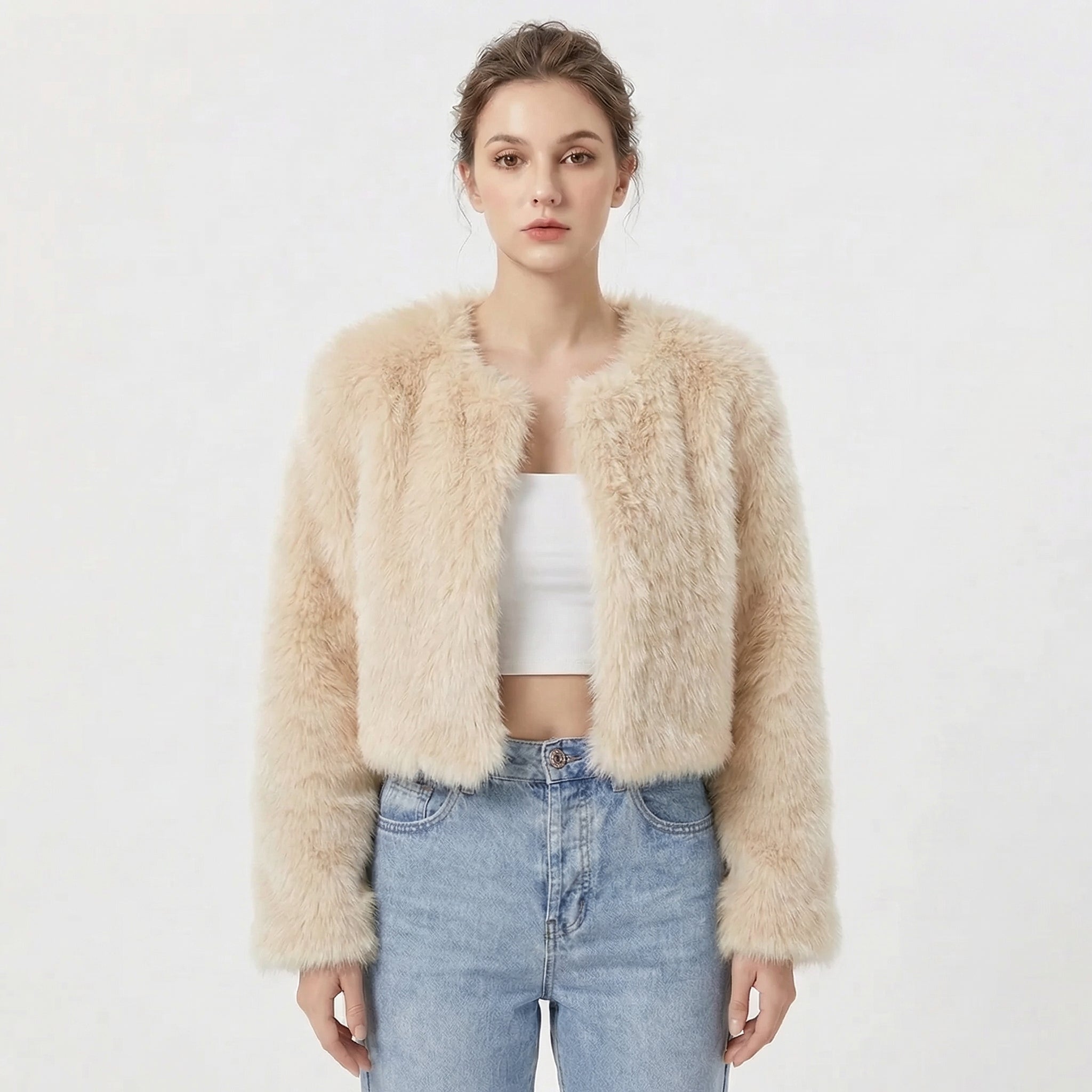Women’s Faux Fur Jacket Long Sleeve Open Front – Winter Socials
