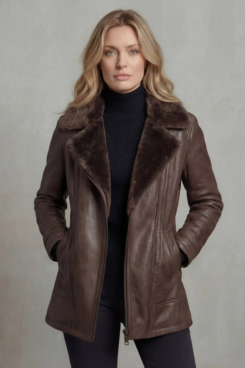 Women’s Faux Fur Leather Jacket Zip Front Side Pockets – Weekend Gatherings