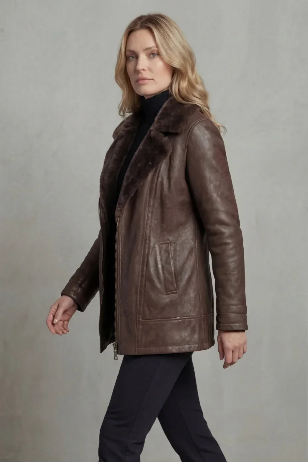 Women’s Faux Fur Leather Jacket Zip Front Side Pockets – Weekend Gatherings