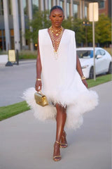 Women’s Feather Midi Dress Deep V Neckline Sleeveless High-Low Hem – Gala Dinners