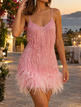 Women’s Feather Mini Dress Spaghetti Straps Sequin Fringe V-Neck – Birthday Celebrations