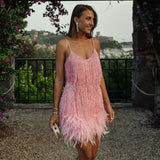 Women’s Feather Mini Dress Spaghetti Straps Sequin Fringe V-Neck – Birthday Celebrations
