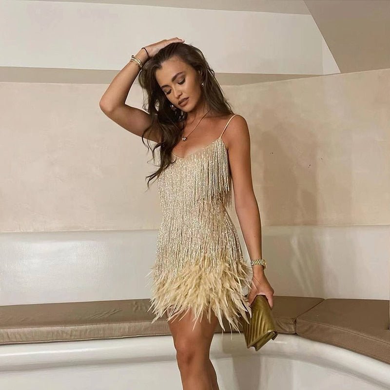 Women’s Feather Mini Dress Spaghetti Straps Sequin Fringe V-Neck – Birthday Celebrations