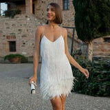 Women’s Feather Mini Dress Spaghetti Straps Sequin Fringe V-Neck – Birthday Celebrations