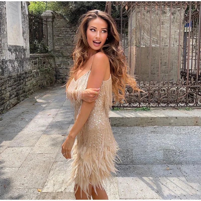 Women’s Feather Mini Dress Spaghetti Straps Sequin Fringe V-Neck – Birthday Celebrations