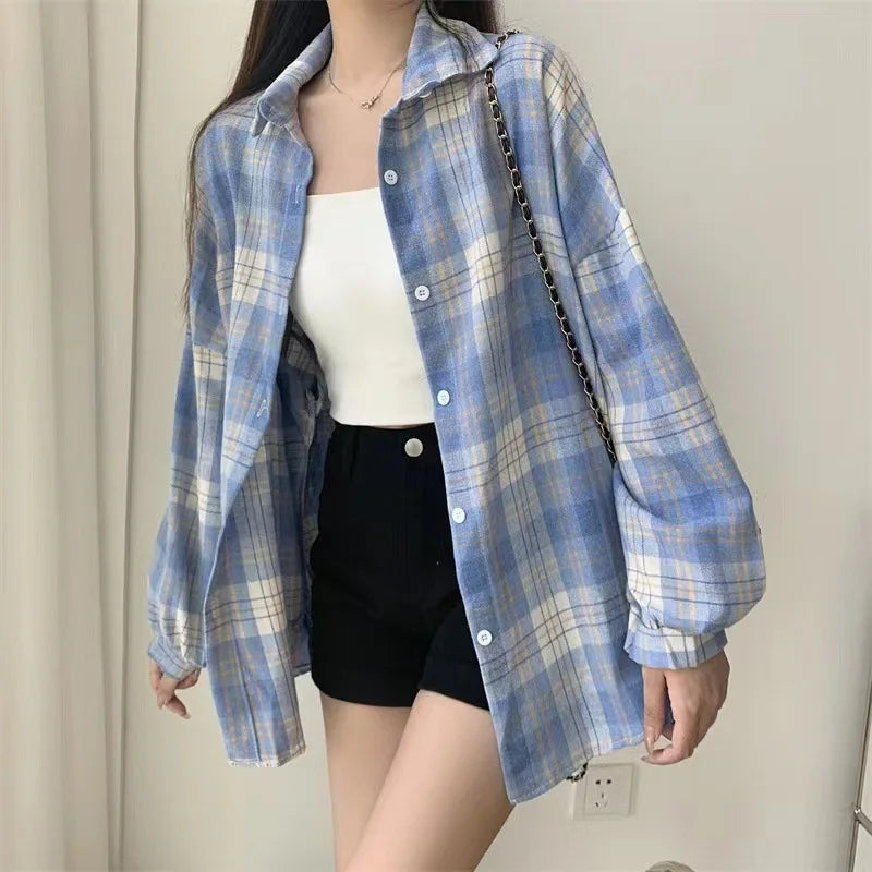 Women's Flannel Shirt Plaid Button Front Drop Shoulder – Study Days
