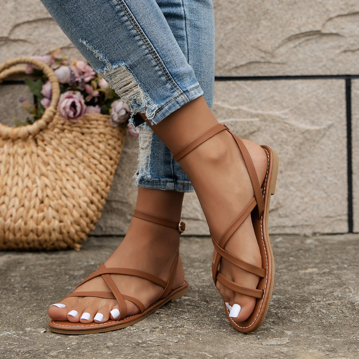 Women's Flat Sandals Open Toe Ankle Strap Buckle – Summer Beach Vacation