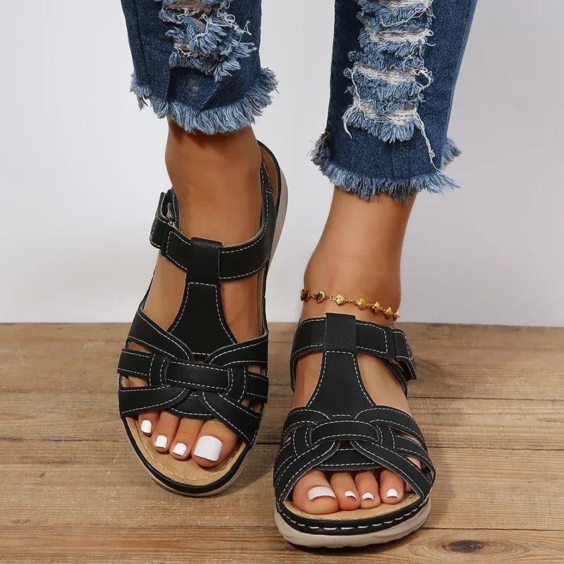 Women's Flat Sandals Open Toe Multi Strap Hook and Loop – Summer Casual Wear