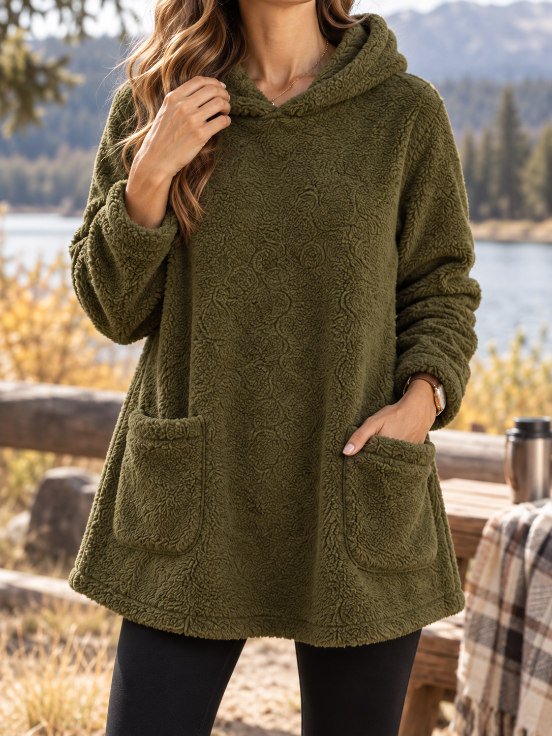 Women’s Fleece Hoodie Textured Surface Patch Pockets Long Sleeves – Park Walks