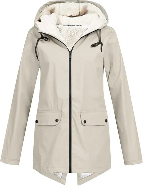 Women’s Fleece-Lined Rain Jacket Hooded Zip Front Flap Pockets – Rainy Day Errands