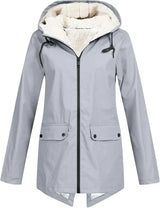 Women’s Fleece-Lined Rain Jacket Hooded Zip Front Flap Pockets – Rainy Day Errands