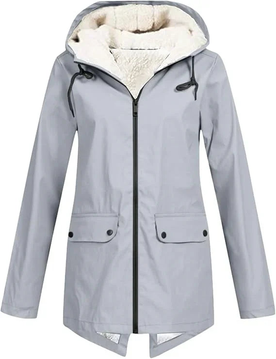Women’s Fleece-Lined Rain Jacket Hooded Zip Front Flap Pockets – Rainy Day Errands