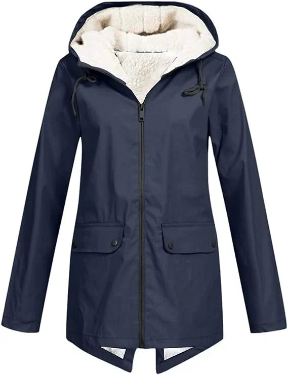 Women’s Fleece-Lined Rain Jacket Hooded Zip Front Flap Pockets – Rainy Day Errands