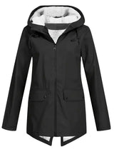 Women’s Fleece-Lined Rain Jacket Hooded Zip Front Flap Pockets – Rainy Day Errands