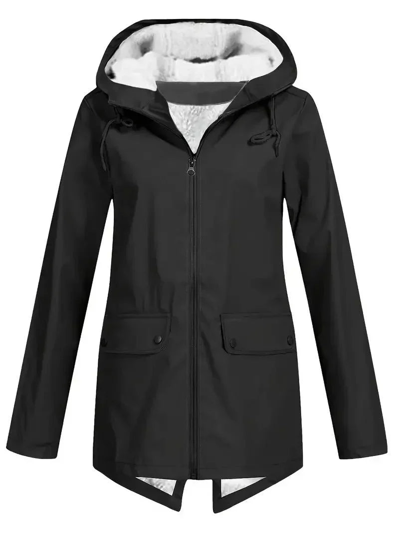 Women’s Fleece-Lined Rain Jacket Hooded Zip Front Flap Pockets – Rainy Day Errands
