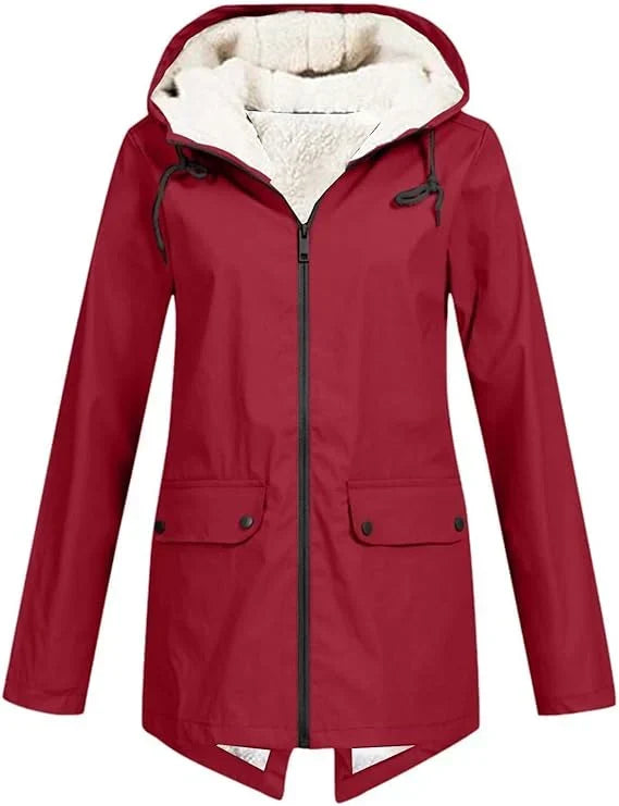 Women’s Fleece-Lined Rain Jacket Hooded Zip Front Flap Pockets – Rainy Day Errands