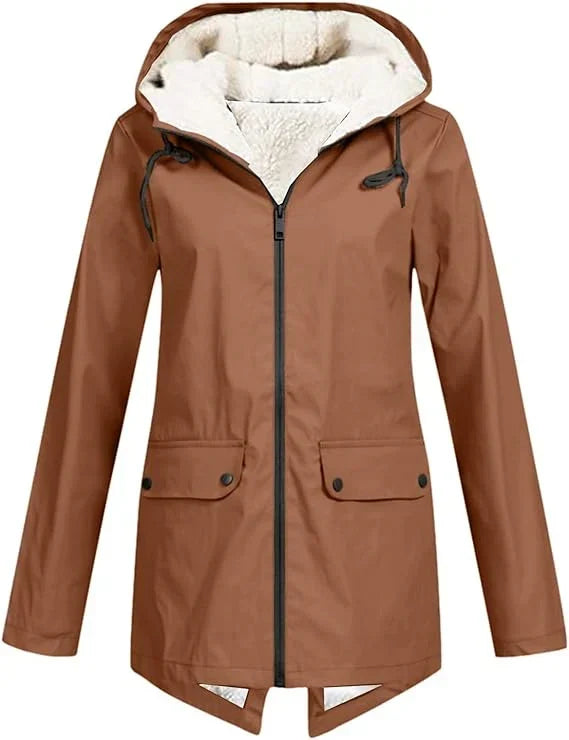 Women’s Fleece-Lined Rain Jacket Hooded Zip Front Flap Pockets – Rainy Day Errands
