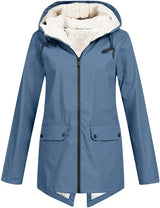 Women’s Fleece-Lined Rain Jacket Hooded Zip Front Flap Pockets – Rainy Day Errands