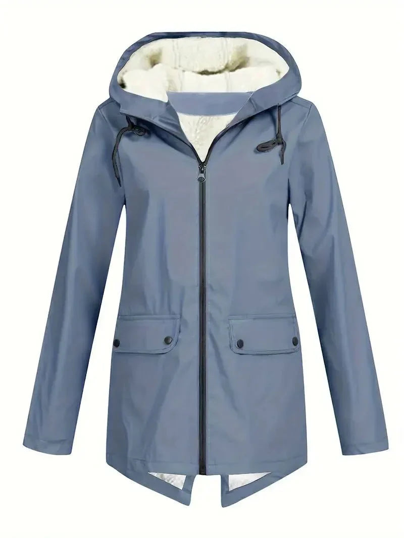 Women’s Fleece-Lined Rain Jacket Hooded Zip Front Flap Pockets – Rainy Day Errands