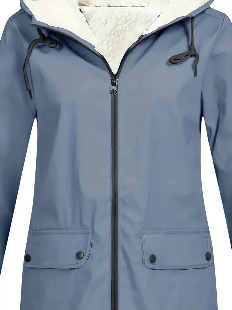 Women’s Fleece-Lined Rain Jacket Hooded Zip Front Flap Pockets – Rainy Day Errands