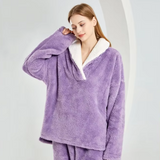 Women's Fleece Loungewear Set Folded Collar Long Sleeve – Pajama Party